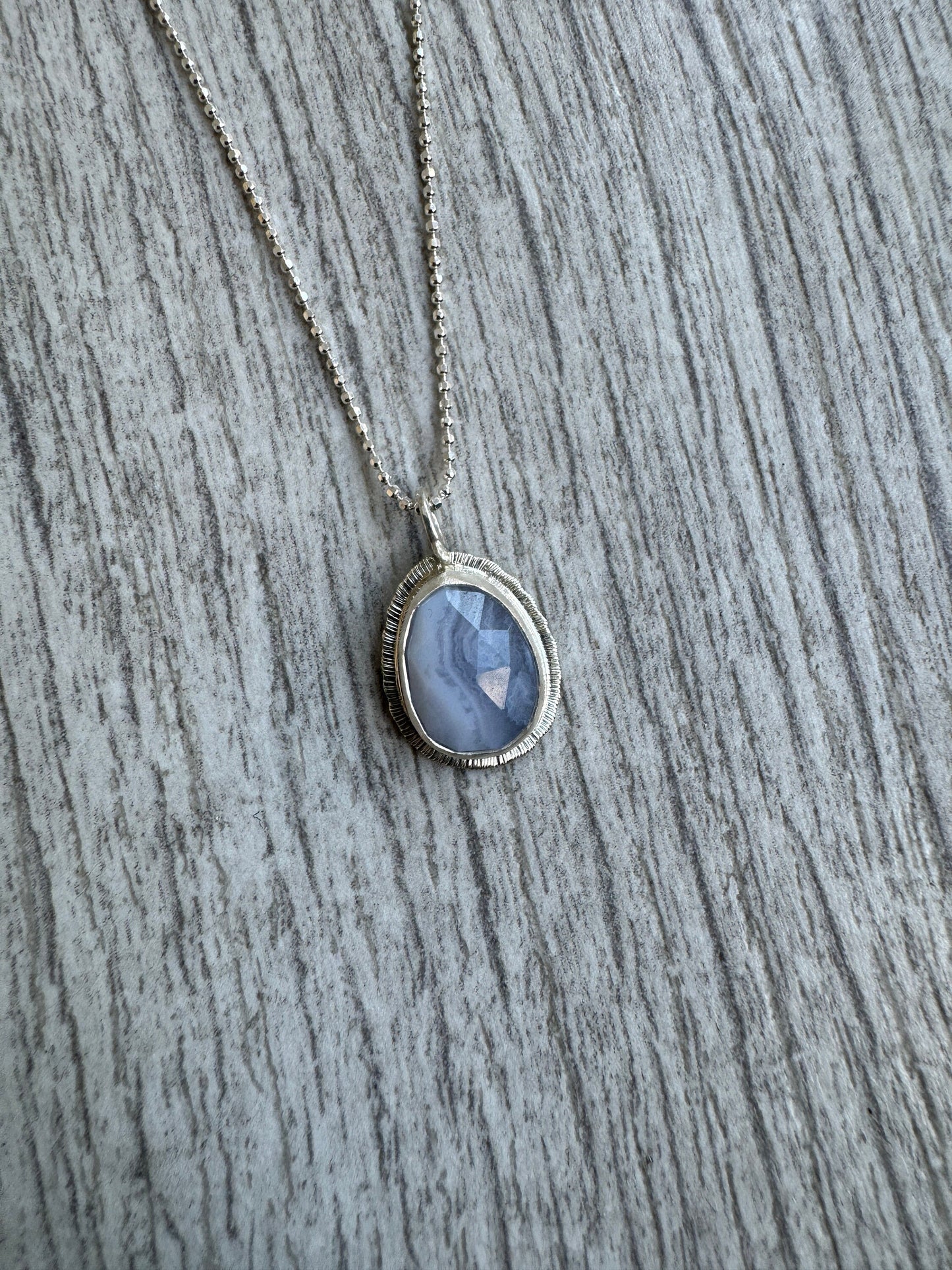 Rose cut Blue Lace Agate pendant, bezel set, open back, unique pattern, natural gemstone necklace, 18 or 20 inch diamond cut ball chain