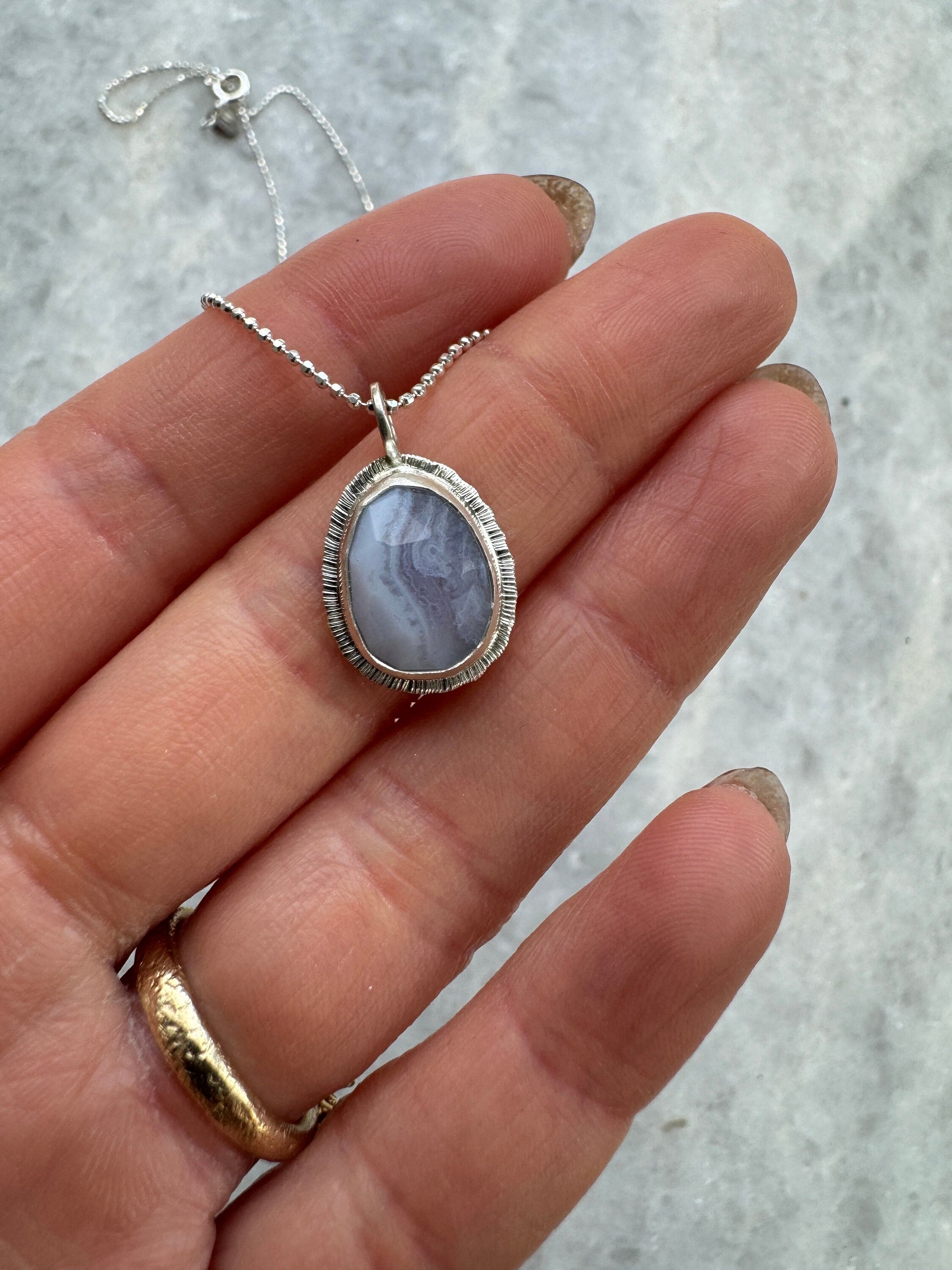 Rose cut Blue Lace Agate pendant, bezel set, open back, unique pattern, natural gemstone necklace, 18 or 20 inch diamond cut ball chain