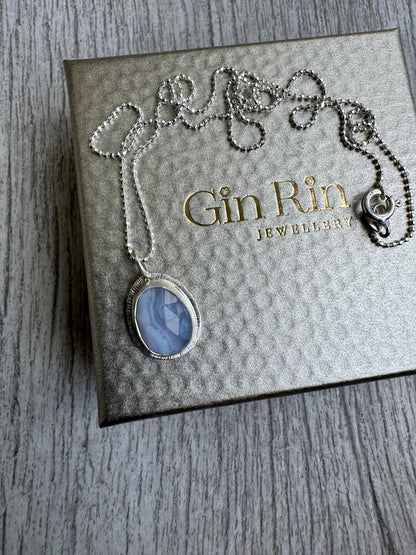 Rose cut Blue Lace Agate pendant, bezel set, open back, unique pattern, natural gemstone necklace, 18 or 20 inch diamond cut ball chain