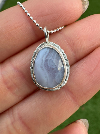 Rose cut Blue Lace Agate pendant, bezel set, open back, unique pattern, natural gemstone necklace, 18 or 20 inch diamond cut ball chain