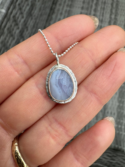 Rose cut Blue Lace Agate pendant, bezel set, open back, unique pattern, natural gemstone necklace, 18 or 20 inch diamond cut ball chain