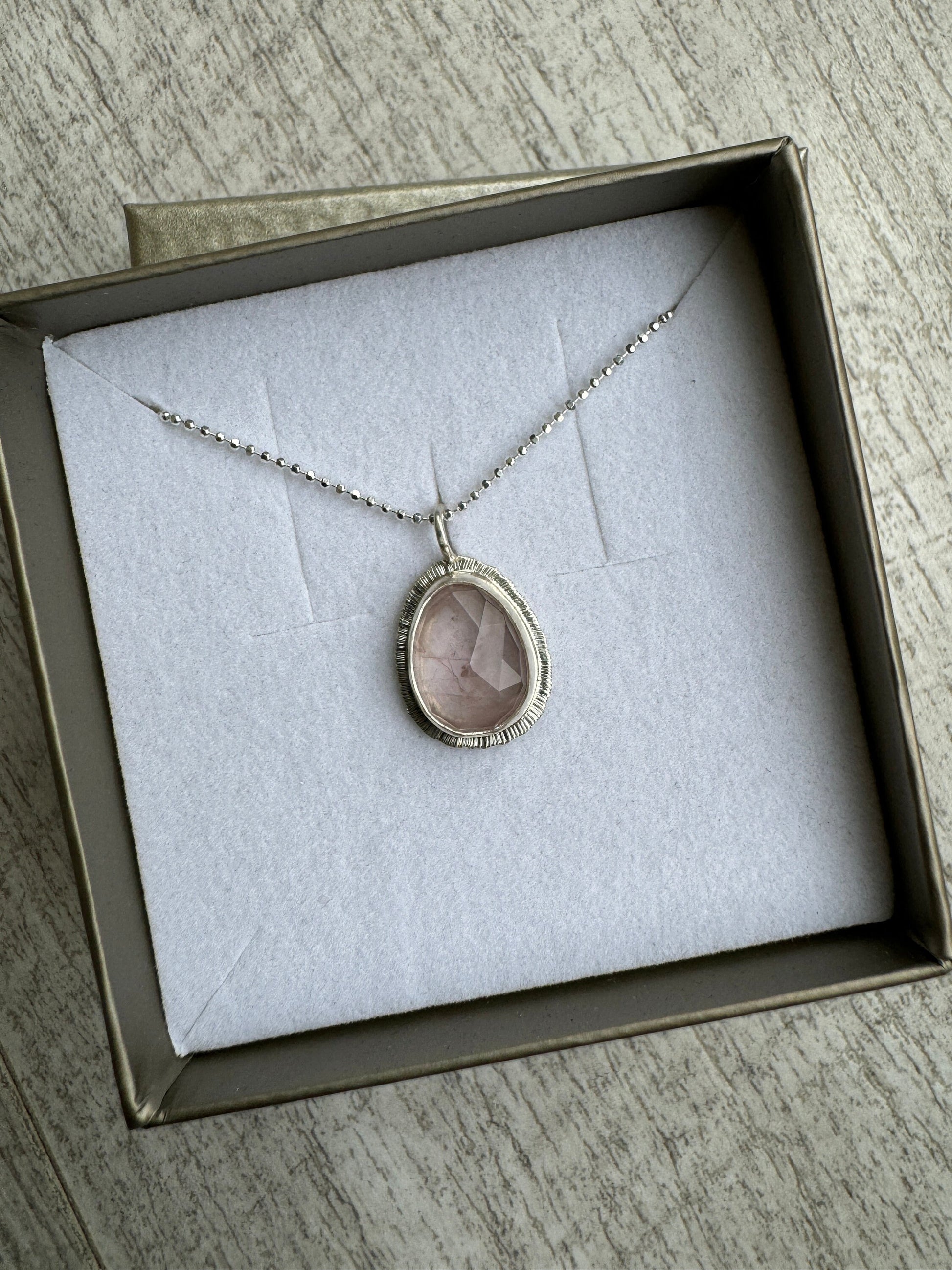 Rose cut Rose Quartz pendant, bezel set, open back, natural gemstone necklace, stone of universal love, recycled silver, gift for loved one