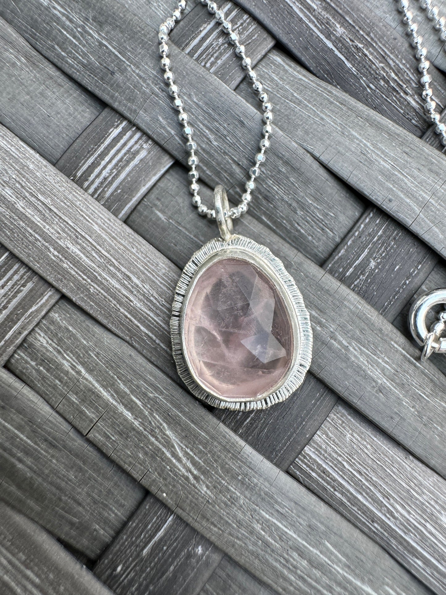 Rose cut Rose Quartz pendant, bezel set, open back, natural gemstone necklace, stone of universal love, recycled silver, gift for loved one