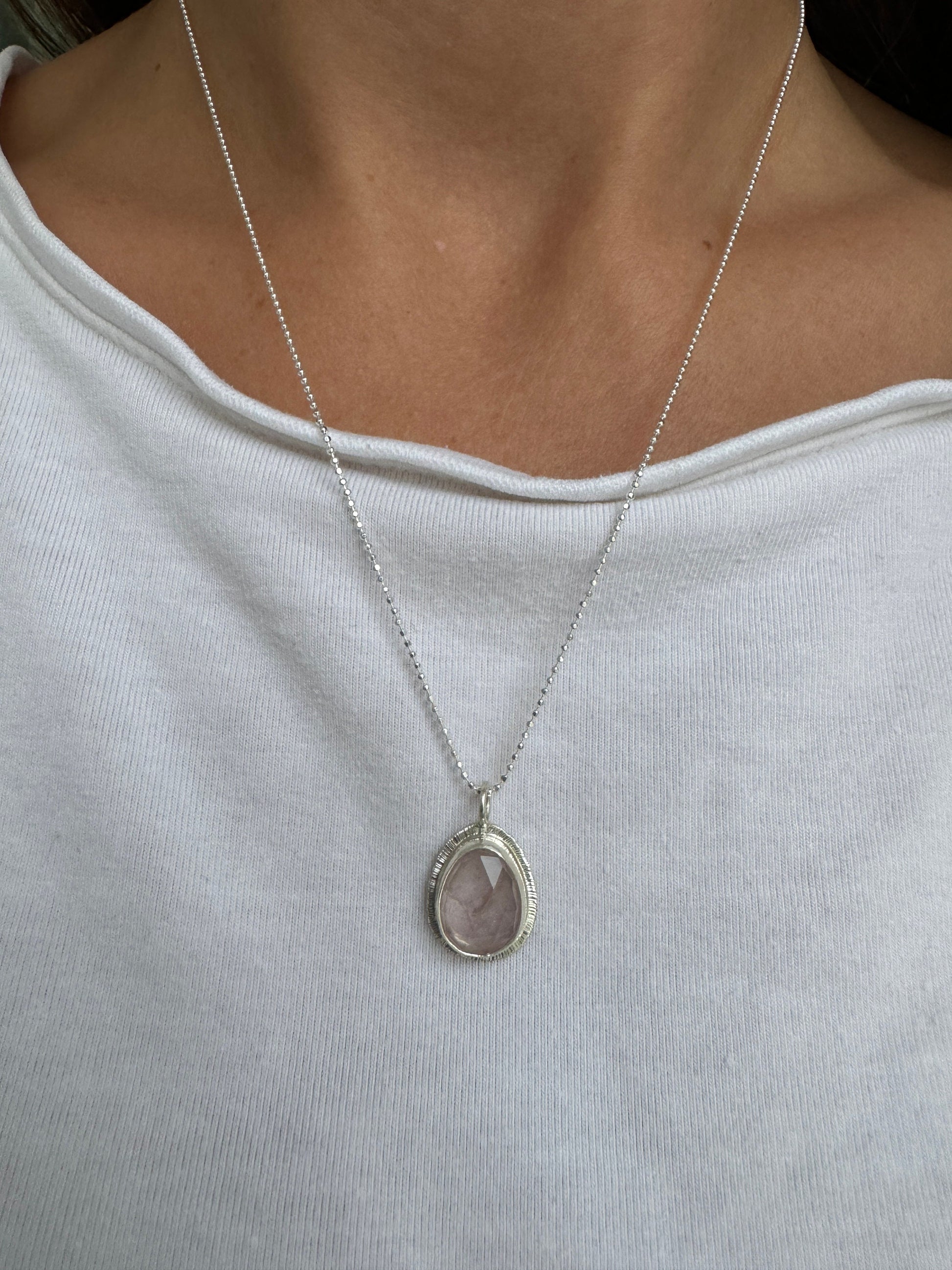 Rose cut Rose Quartz pendant, bezel set, open back, natural gemstone necklace, stone of universal love, recycled silver, gift for loved one