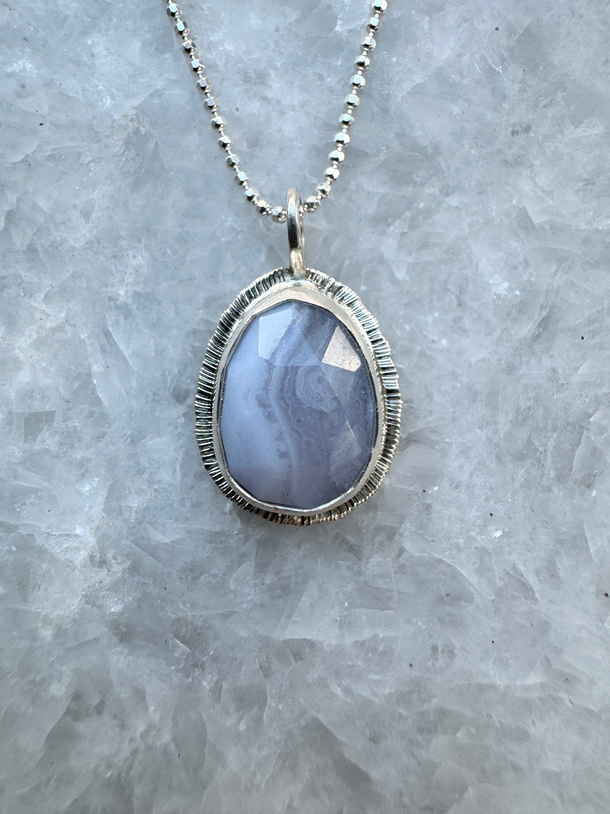 Rose cut Blue Lace Agate pendant, bezel set, open back, unique pattern, natural gemstone necklace, 18 or 20 inch diamond cut ball chain