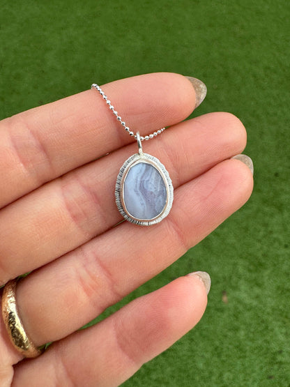 Rose cut Blue Lace Agate pendant, bezel set, open back, unique pattern, natural gemstone necklace, 18 or 20 inch diamond cut ball chain