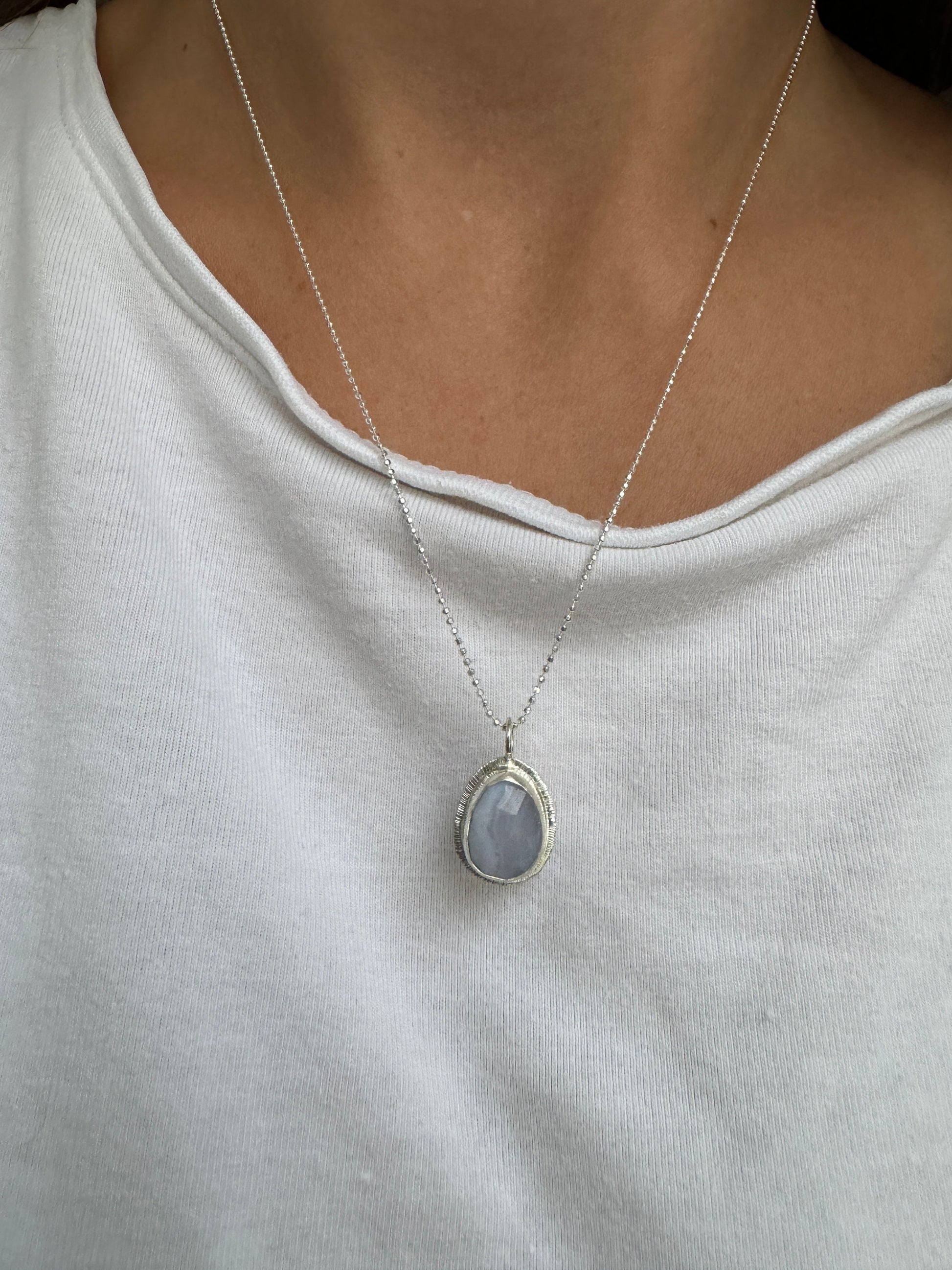 Rose cut Blue Lace Agate pendant, bezel set, open back, unique pattern, natural gemstone necklace, 18 or 20 inch diamond cut ball chain