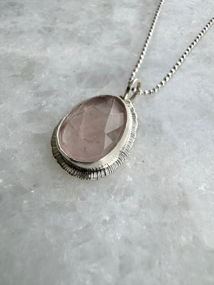 Rose cut Rose Quartz pendant, bezel set, open back, natural gemstone necklace, stone of universal love, recycled silver, gift for loved one