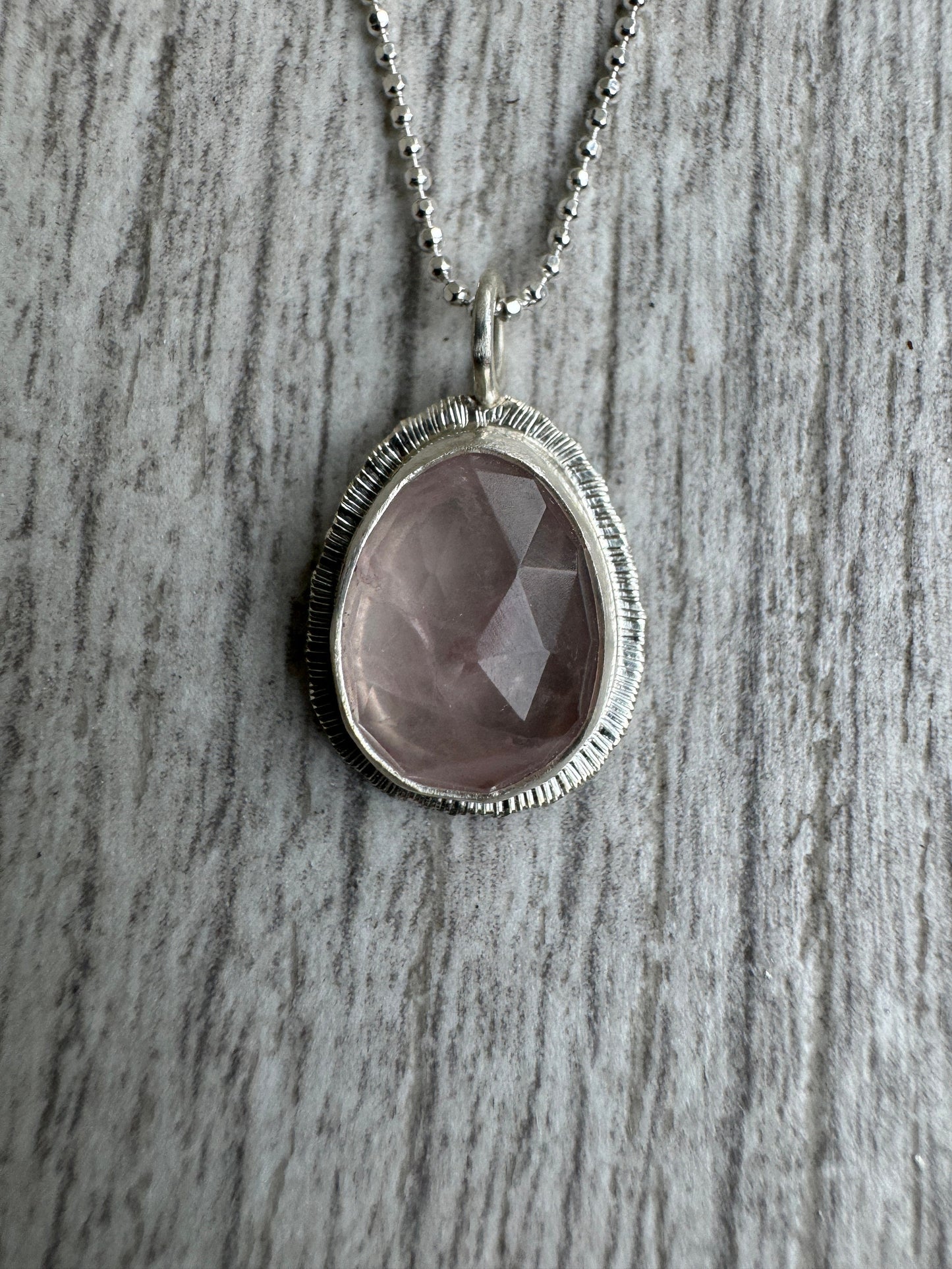 Rose cut Rose Quartz pendant, bezel set, open back, natural gemstone necklace, stone of universal love, recycled silver, gift for loved one