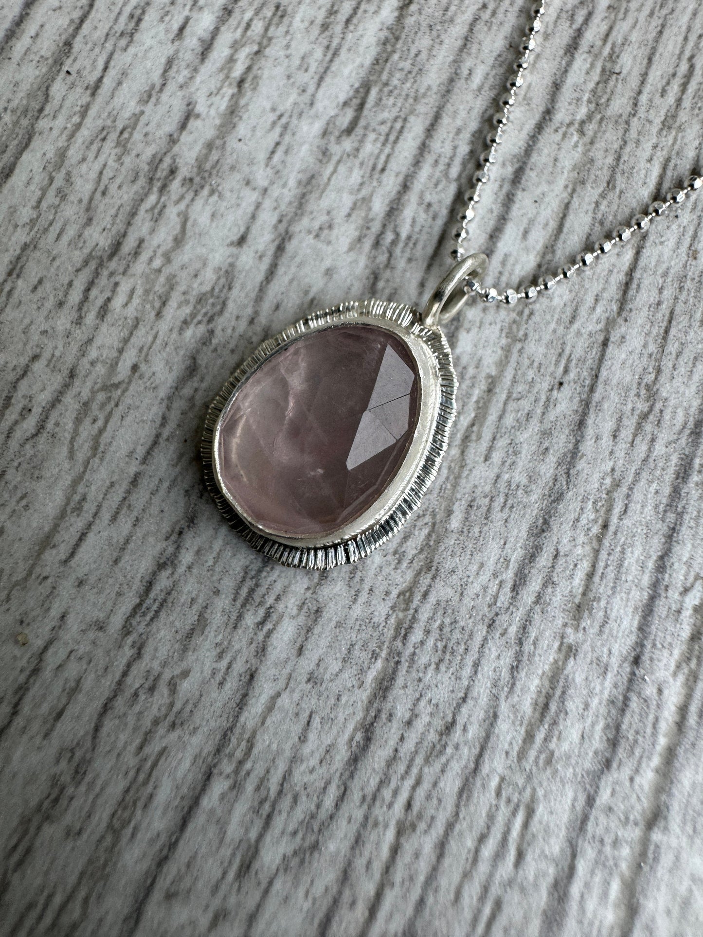 Rose cut Rose Quartz pendant, bezel set, open back, natural gemstone necklace, stone of universal love, recycled silver, gift for loved one