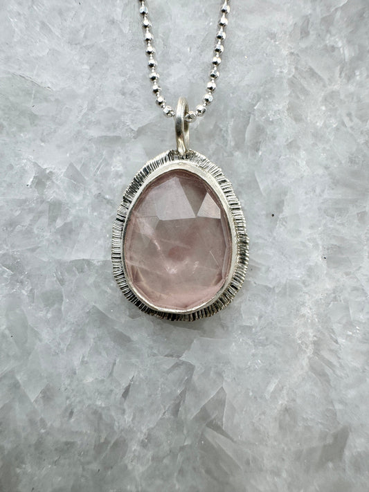 Rose cut Rose Quartz pendant, bezel set, open back, natural gemstone necklace, stone of universal love, recycled silver, gift for loved one