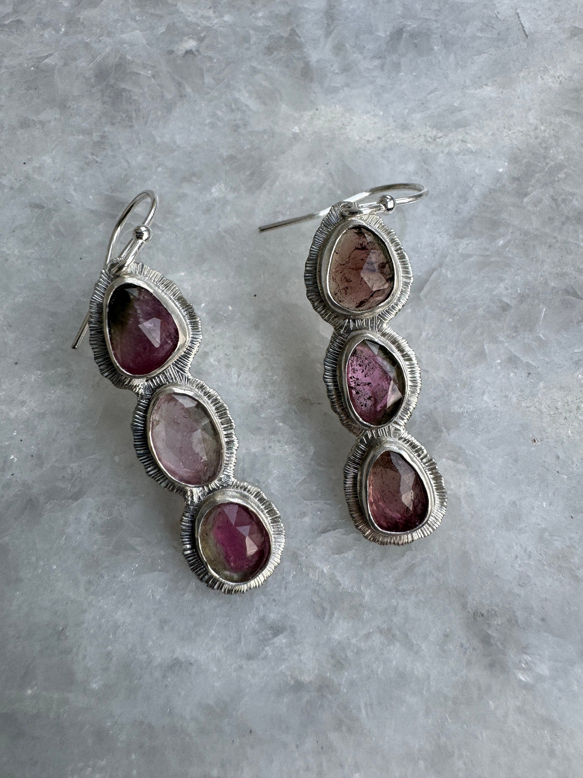 Rose cut Triple Tourmaline drop earrings, one of a kind, natural bicolour gemstone, October birthstone, 8th wedding anniversary gift