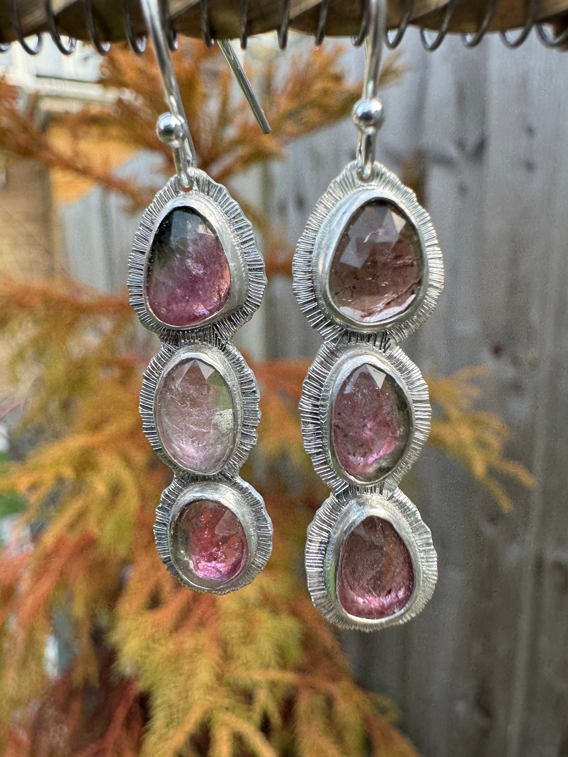 Rose cut Triple Tourmaline drop earrings, one of a kind, natural bicolour gemstone, October birthstone, 8th wedding anniversary gift