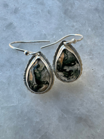 Rose cut Moss Agate drop earrings, teardrop shape, natural unique gemstone, sterling silver, bezel set, open back, incredible inclusions