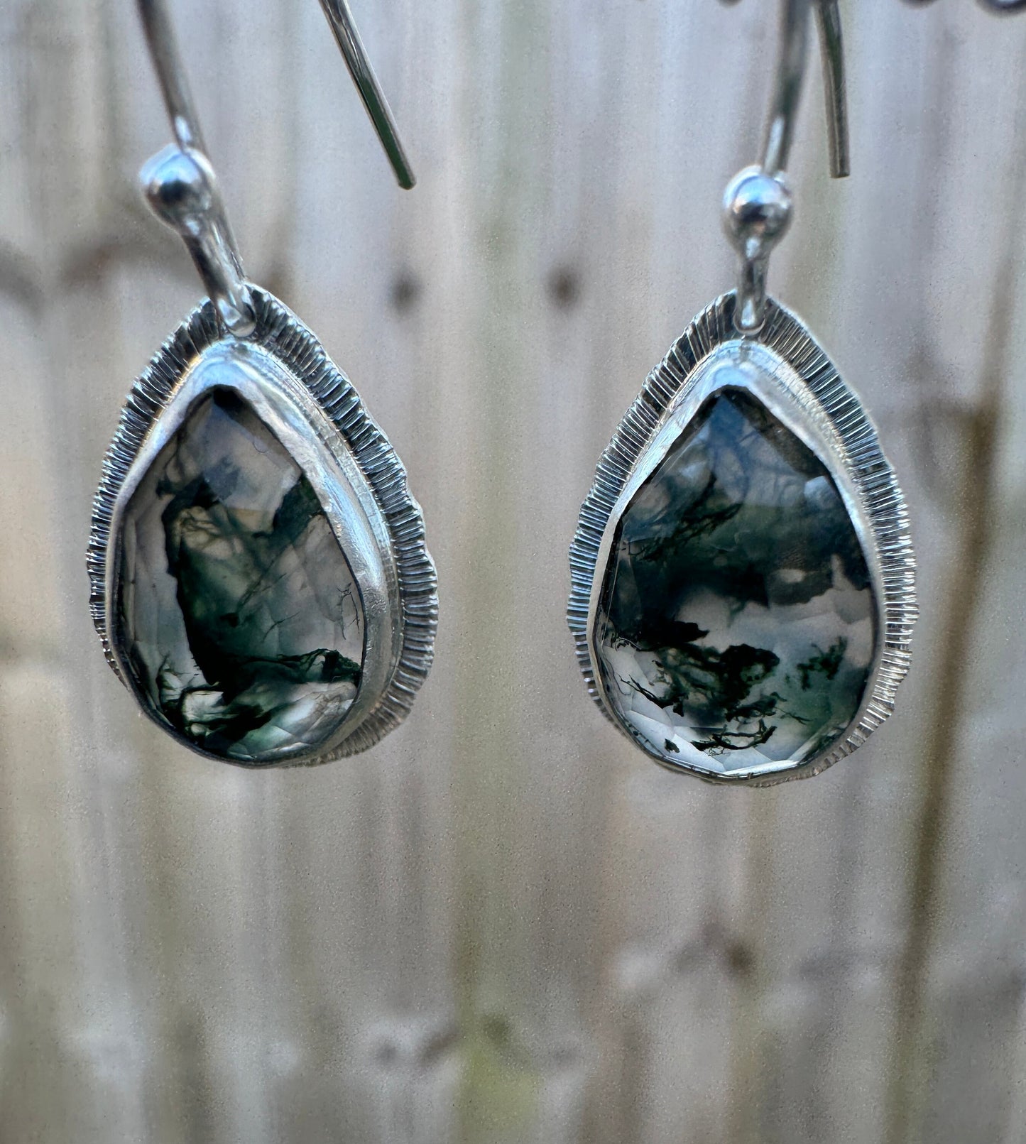 Rose cut Moss Agate drop earrings, teardrop shape, natural unique gemstone, sterling silver, bezel set, open back, incredible inclusions