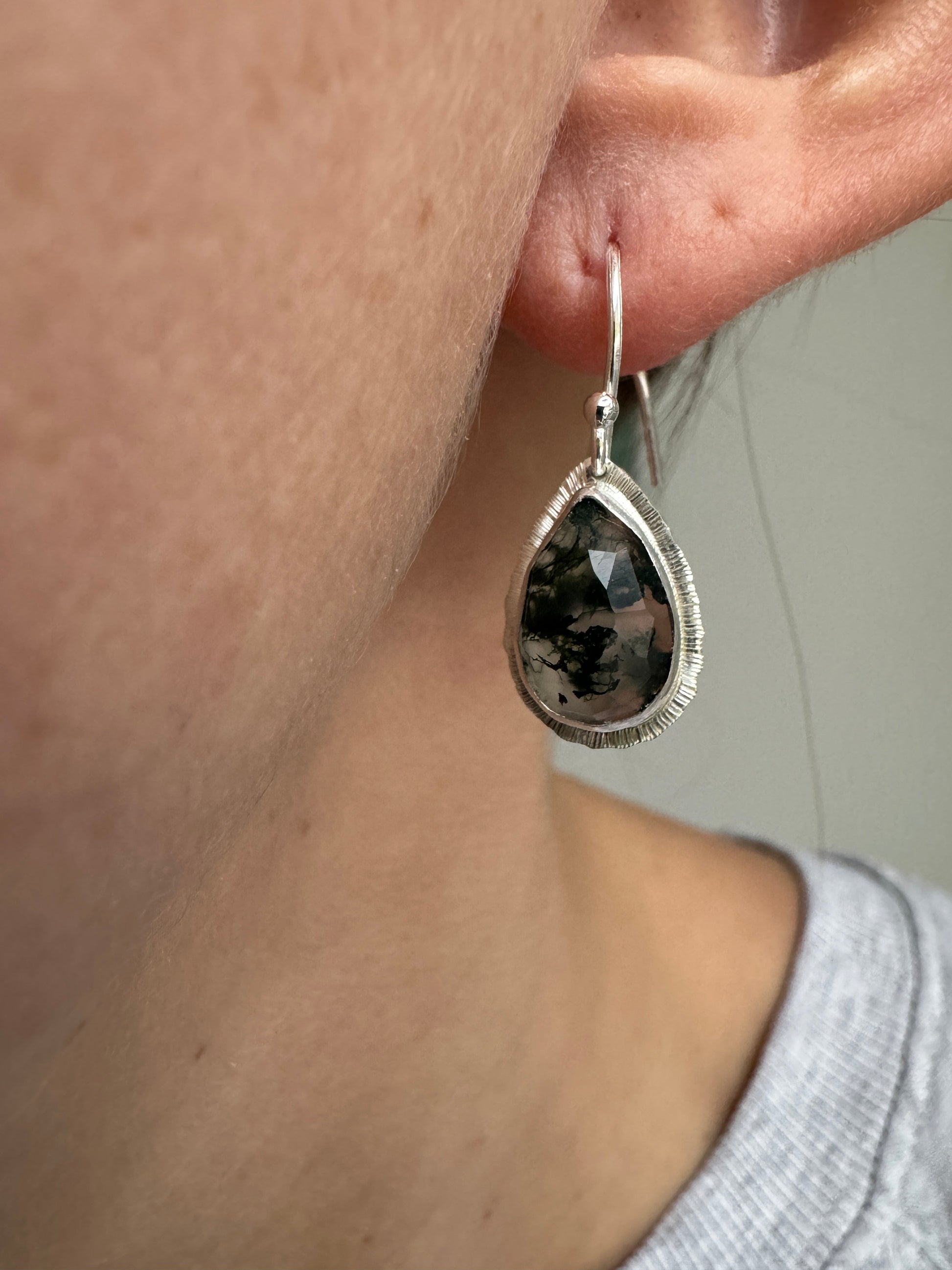 Rose cut Moss Agate drop earrings, teardrop shape, natural unique gemstone, sterling silver, bezel set, open back, incredible inclusions