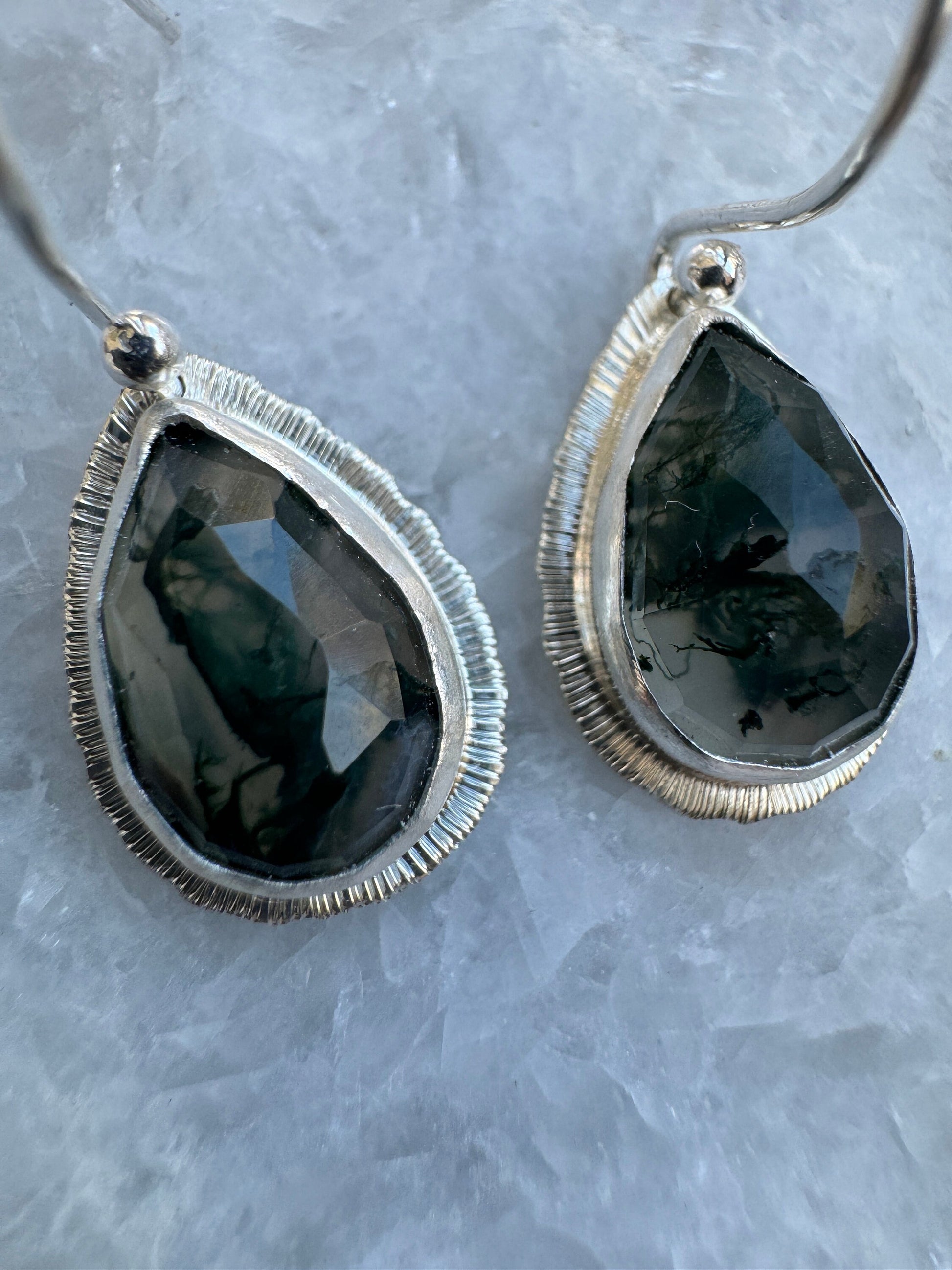 Rose cut Moss Agate drop earrings, teardrop shape, natural unique gemstone, sterling silver, bezel set, open back, incredible inclusions