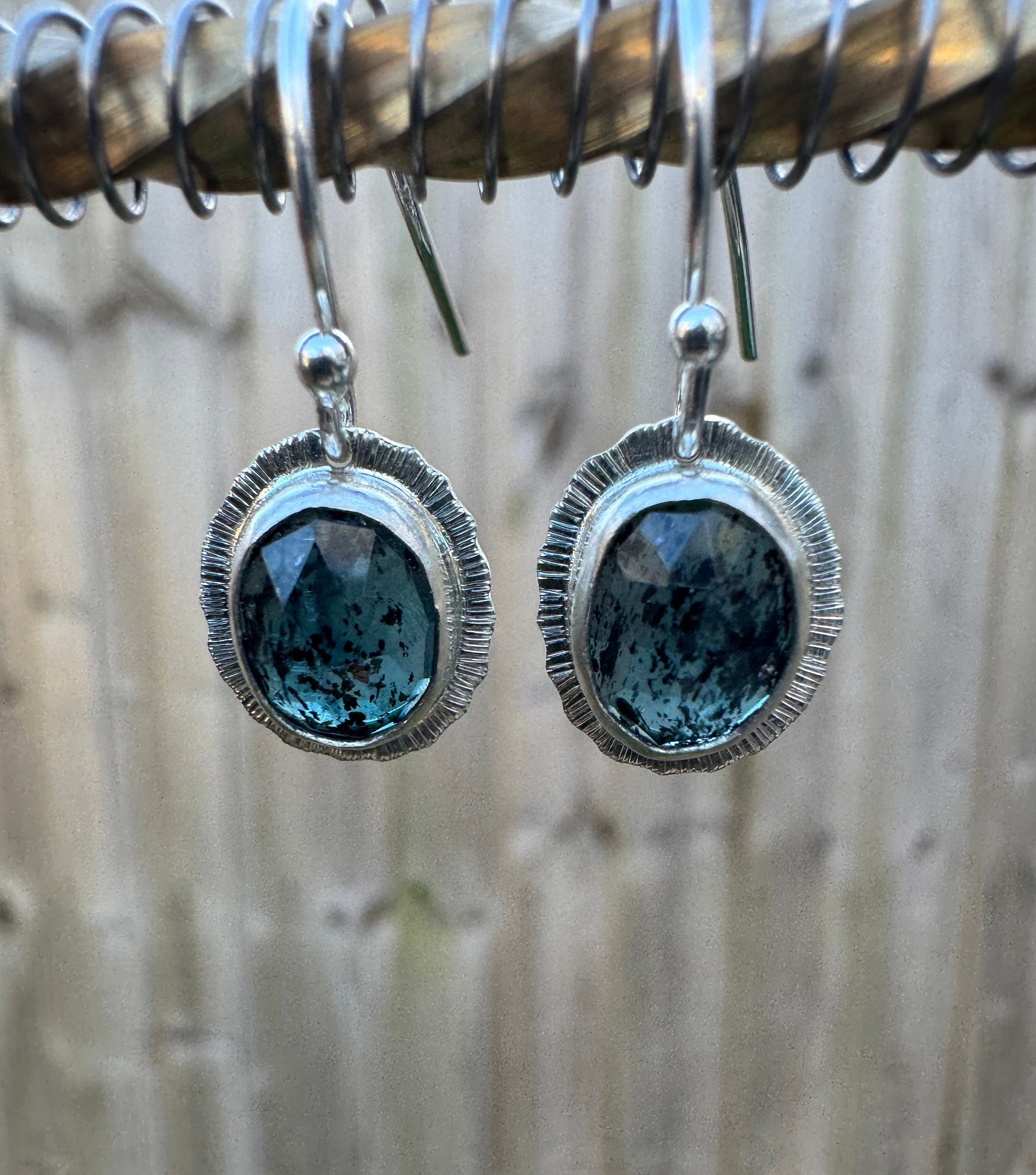 Rose cut Teal Moss Kyanite drop earrings, unique and unusual, beautiful natural gemstone, bezel set, open back, sterling silver, OOAK