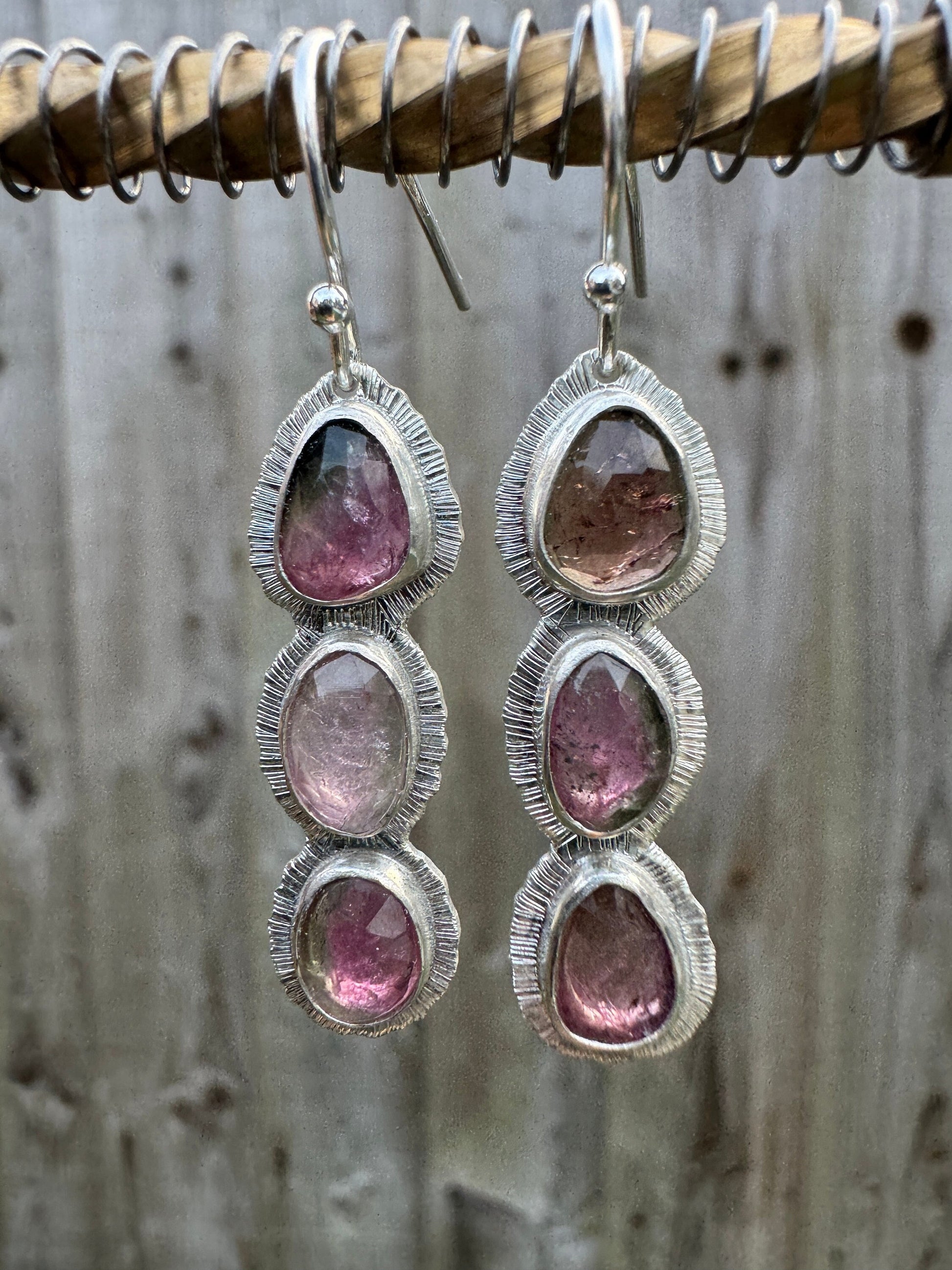 Rose cut Triple Tourmaline drop earrings, one of a kind, natural bicolour gemstone, October birthstone, 8th wedding anniversary gift