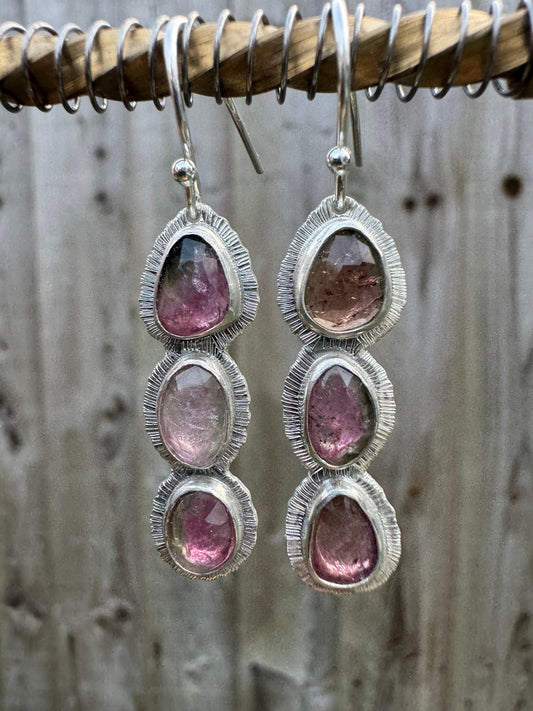 Rose cut Triple Tourmaline drop earrings, one of a kind, natural bicolour gemstone, October birthstone, 8th wedding anniversary gift