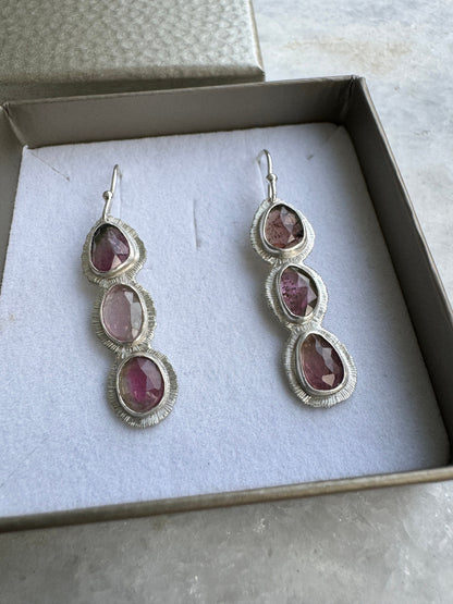 Rose cut Triple Tourmaline drop earrings, one of a kind, natural bicolour gemstone, October birthstone, 8th wedding anniversary gift