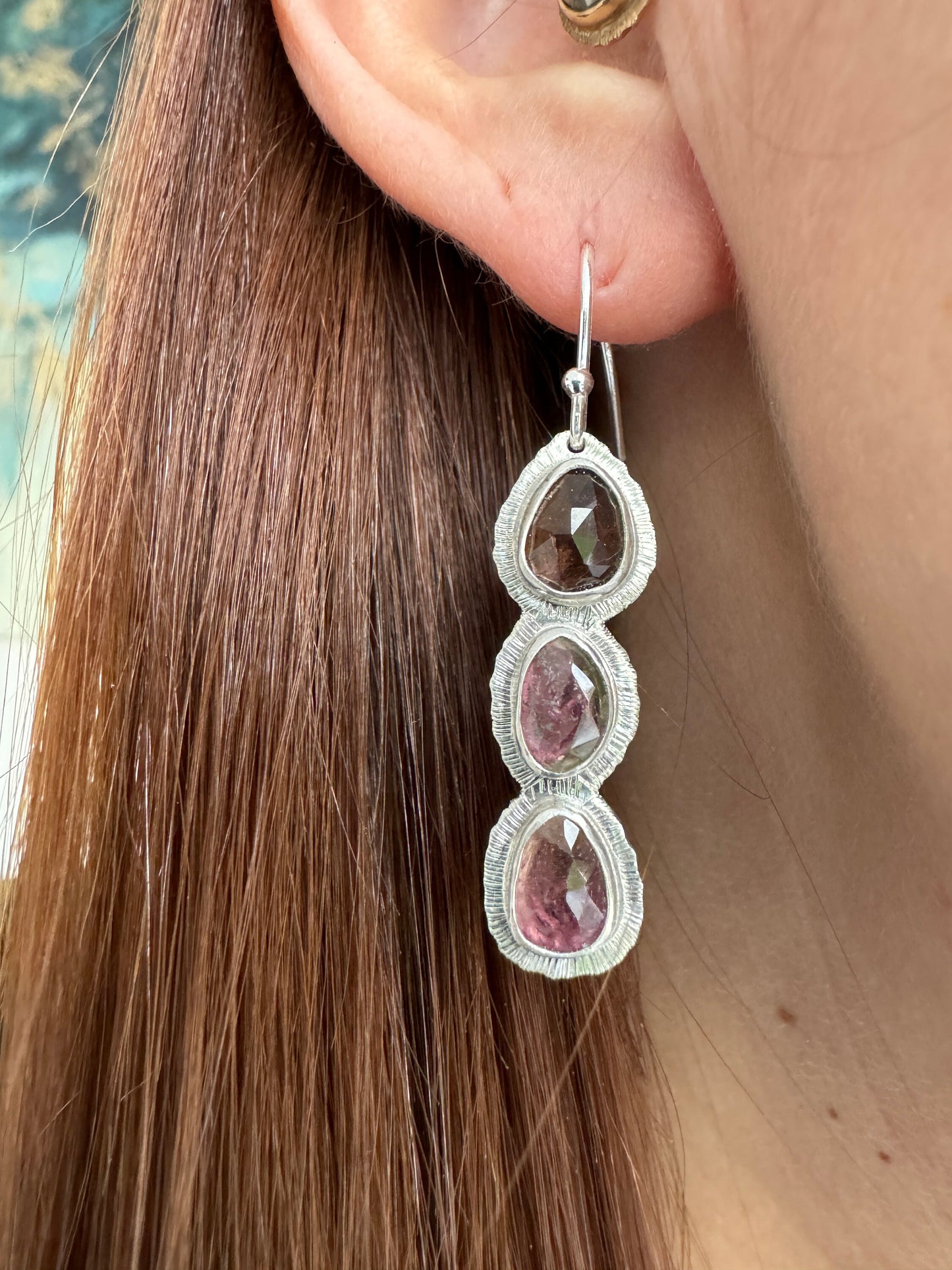 Rose cut Triple Tourmaline drop earrings, one of a kind, natural bicolour gemstone, October birthstone, 8th wedding anniversary gift