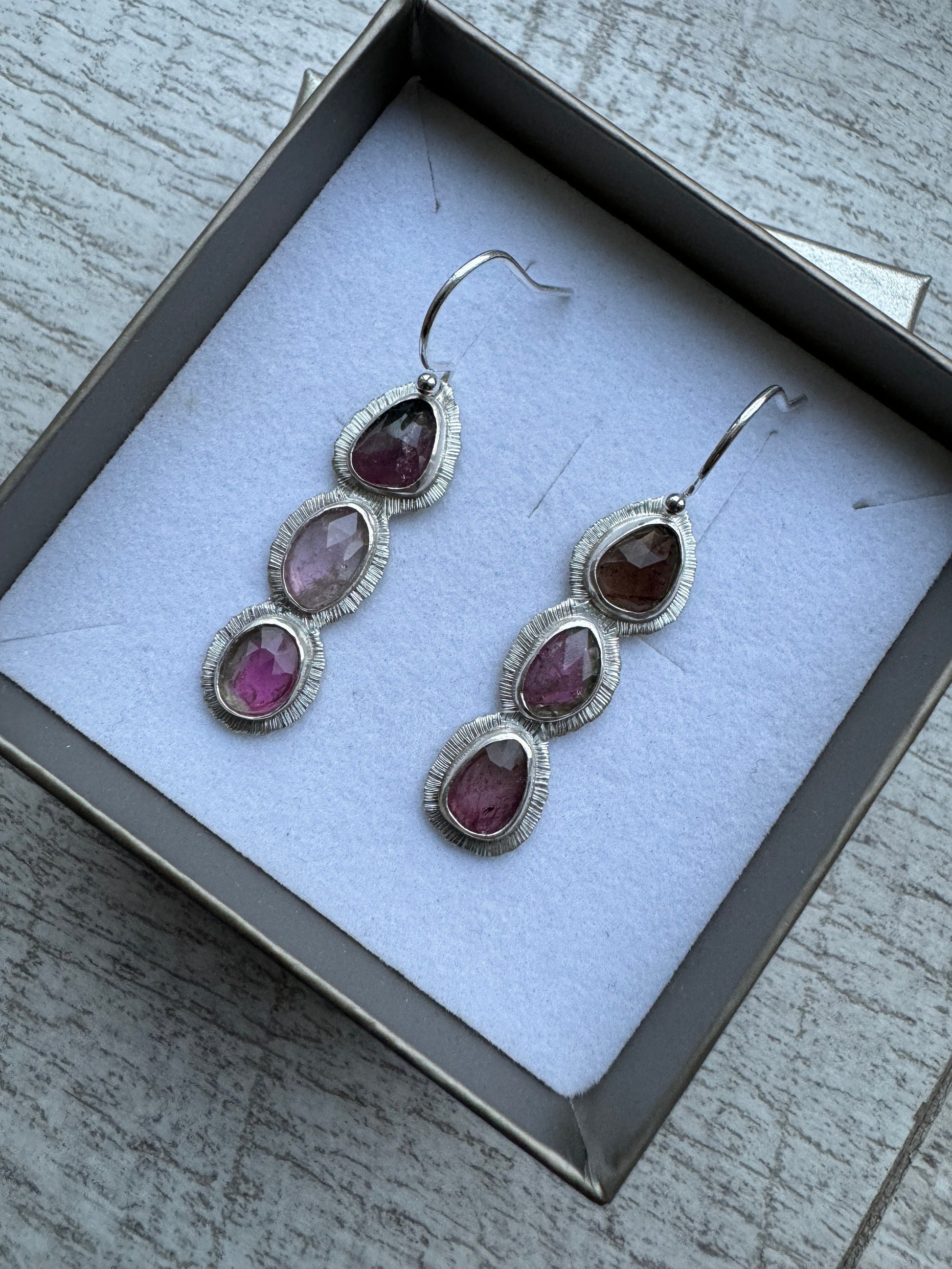 Rose cut Triple Tourmaline drop earrings, one of a kind, natural bicolour gemstone, October birthstone, 8th wedding anniversary gift