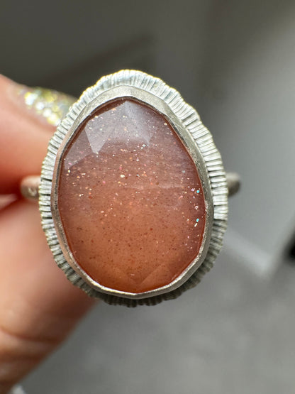 Rose cut Peach Moonstone ring, natural gemstone, bezel set, open back, sterling silver, June birthstone, unique gift, unusual jewellery