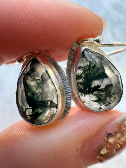 Rose cut Moss Agate drop earrings, teardrop shape, natural unique gemstone, sterling silver, bezel set, open back, incredible inclusions