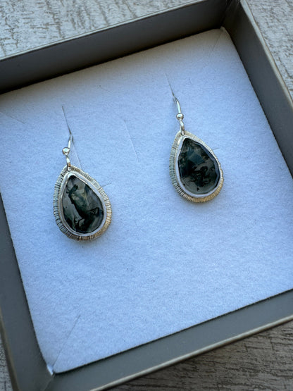 Rose cut Moss Agate drop earrings, teardrop shape, natural unique gemstone, sterling silver, bezel set, open back, incredible inclusions