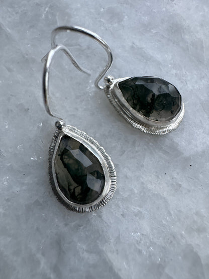 Rose cut Moss Agate drop earrings, teardrop shape, natural unique gemstone, sterling silver, bezel set, open back, incredible inclusions