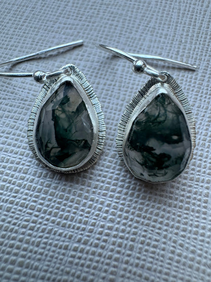 Rose cut Moss Agate drop earrings, teardrop shape, natural unique gemstone, sterling silver, bezel set, open back, incredible inclusions