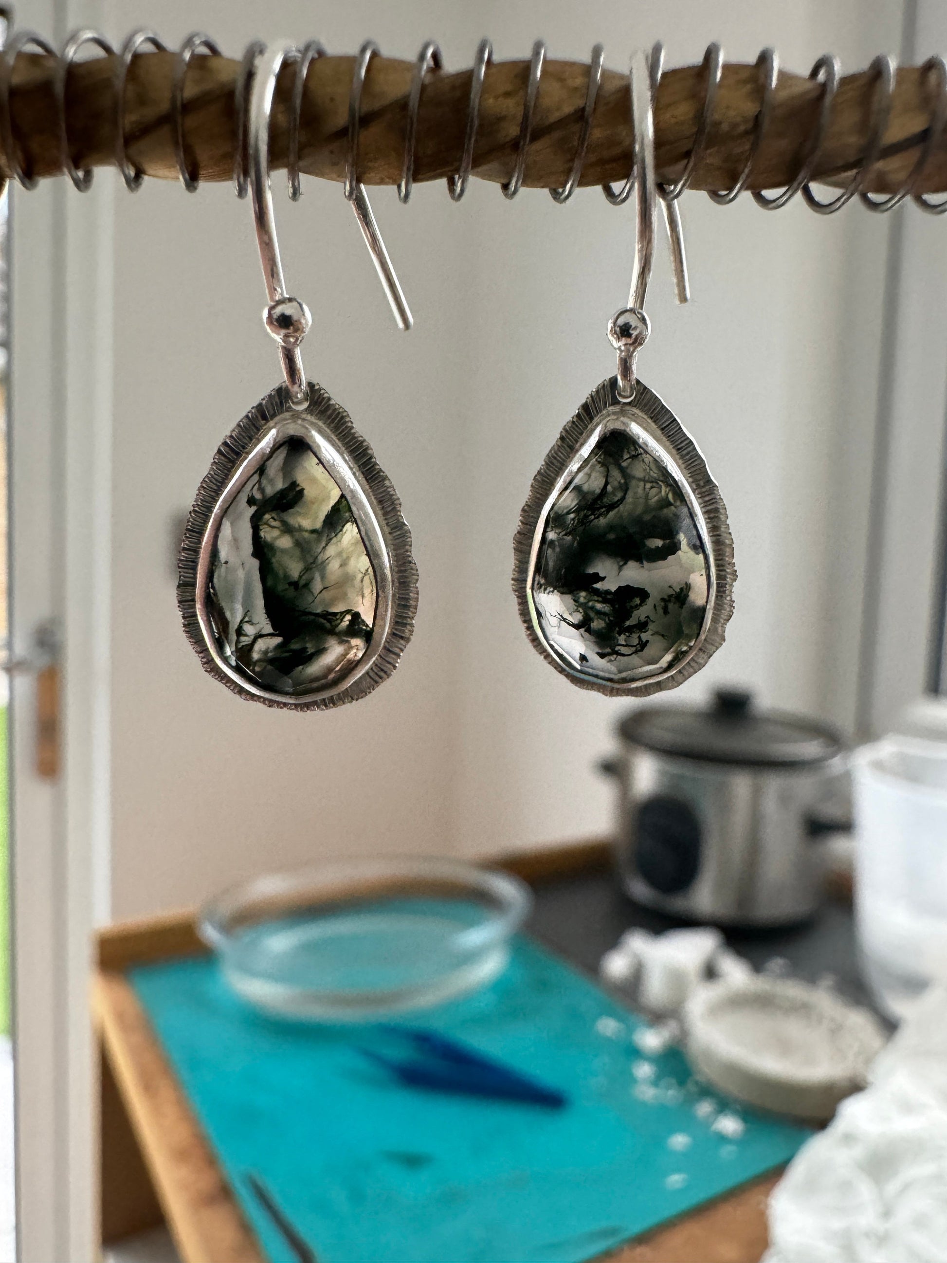 Rose cut Moss Agate drop earrings, teardrop shape, natural unique gemstone, sterling silver, bezel set, open back, incredible inclusions