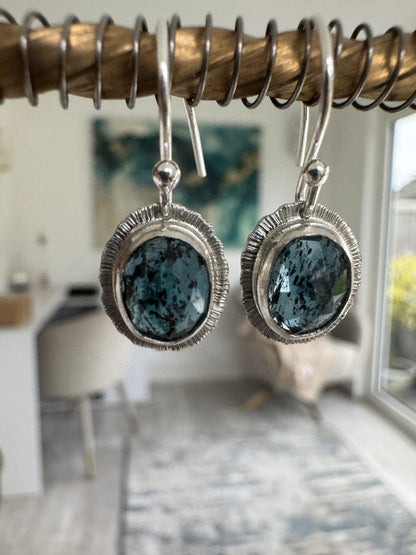 Rose cut Teal Moss Kyanite drop earrings, unique and unusual, beautiful natural gemstone, bezel set, open back, sterling silver, OOAK