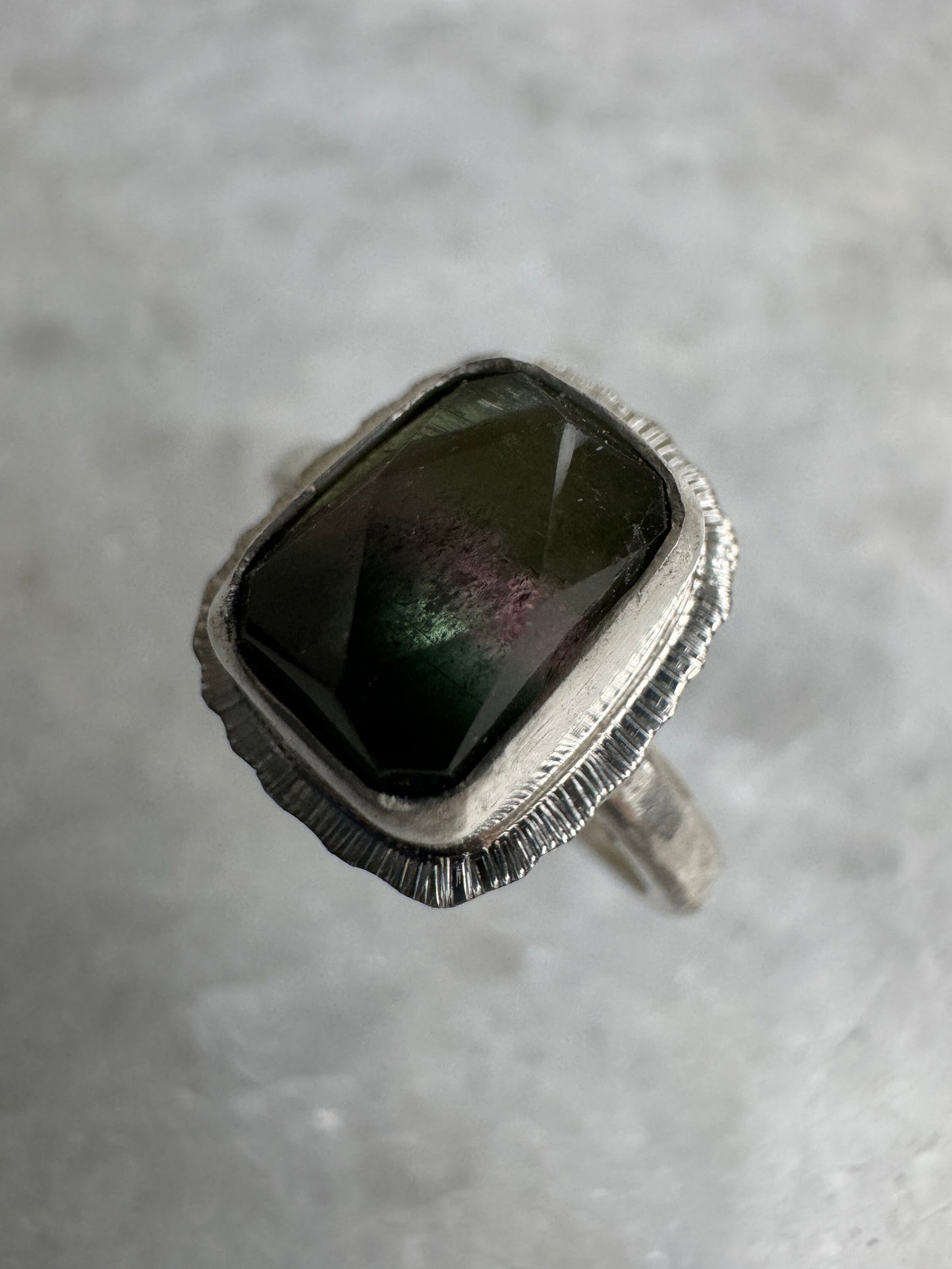 Rose cut tricolour Tourmaline ring, natural gemstone, bezel set, open back, sterling silver, October birthstone, wedding anniversary gift