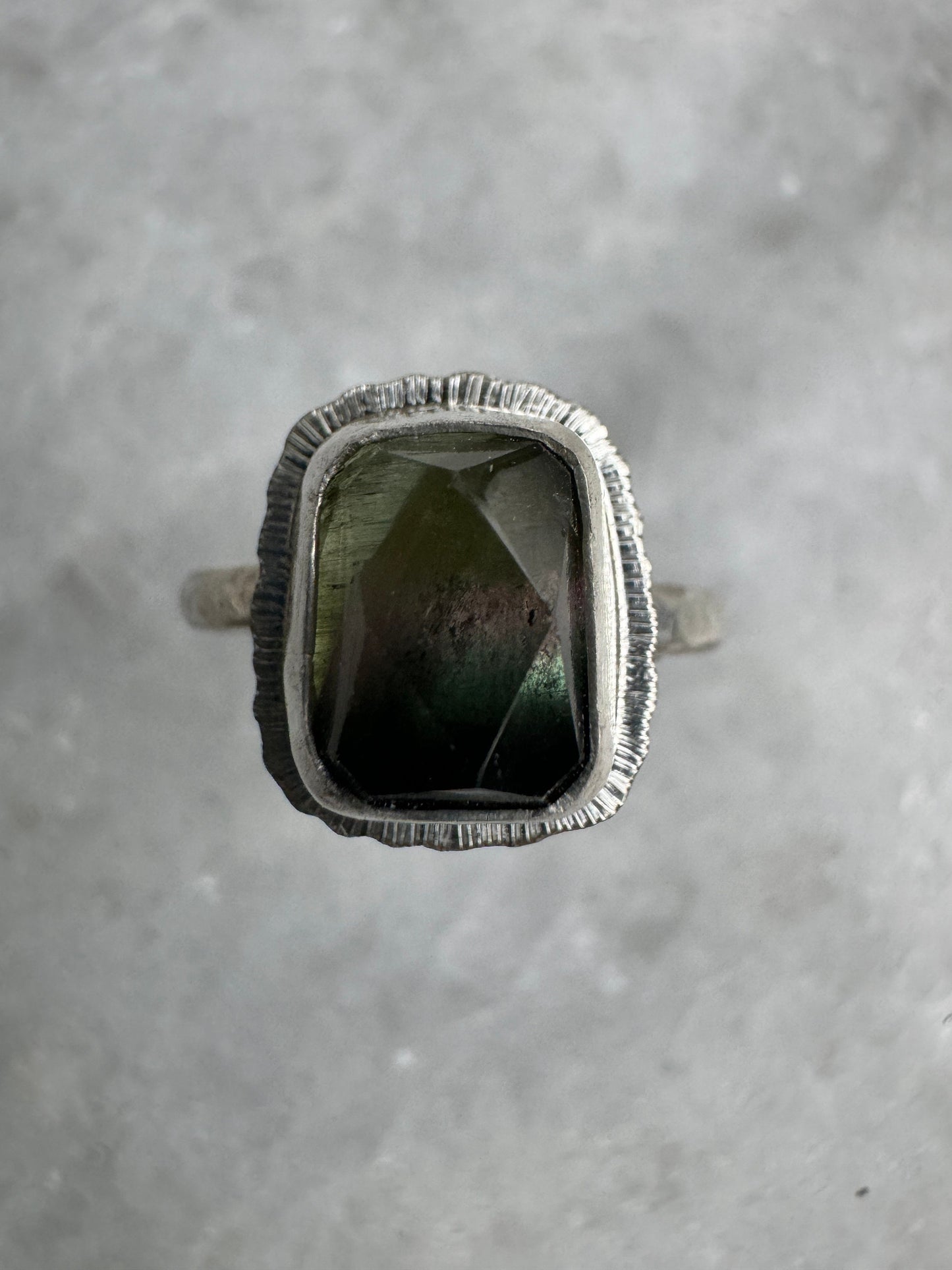 Rose cut tricolour Tourmaline ring, natural gemstone, bezel set, open back, sterling silver, October birthstone, wedding anniversary gift