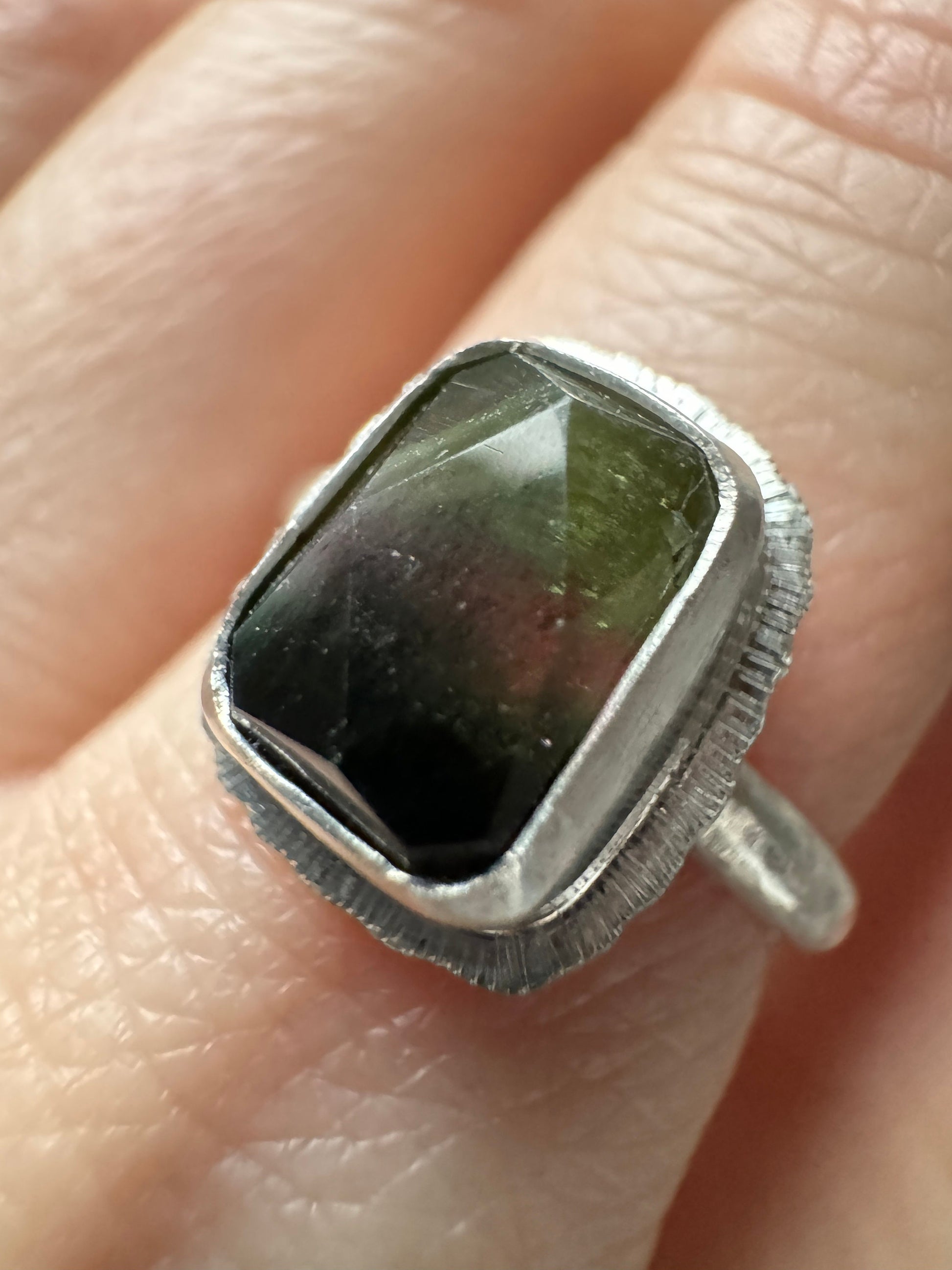 Rose cut tricolour Tourmaline ring, natural gemstone, bezel set, open back, sterling silver, October birthstone, wedding anniversary gift