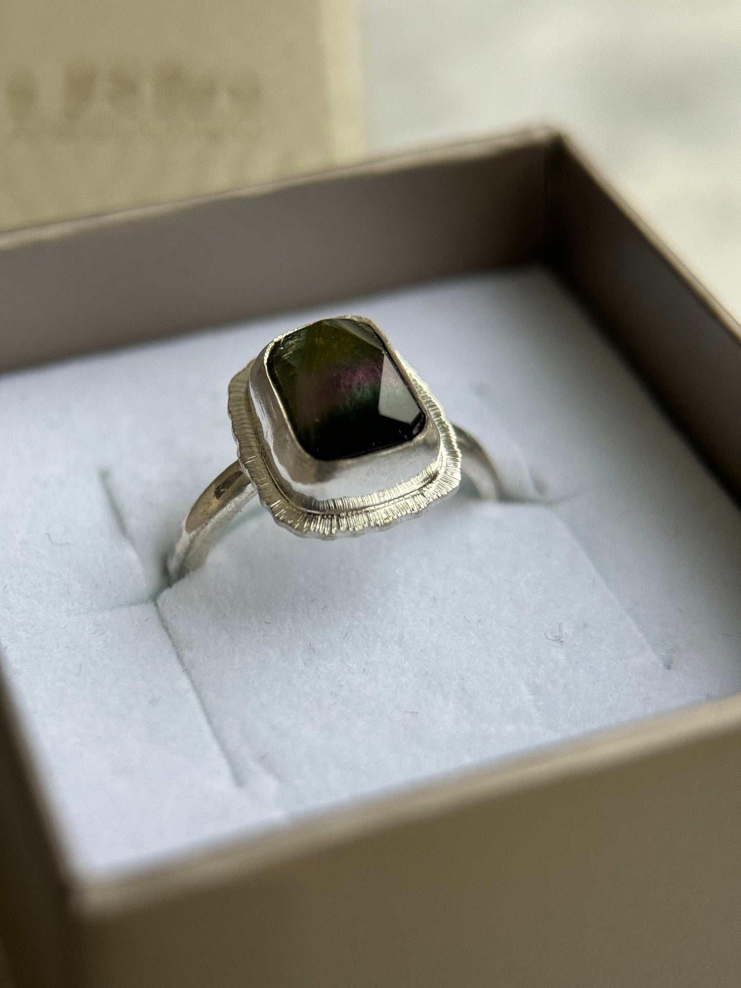 Rose cut tricolour Tourmaline ring, natural gemstone, bezel set, open back, sterling silver, October birthstone, wedding anniversary gift