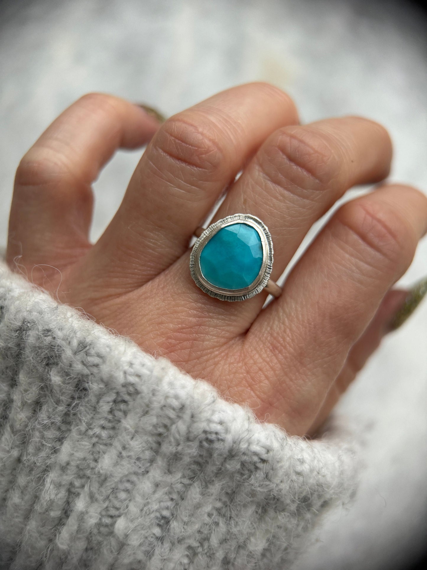 Rose cut Arizona Turquoise ring, natural ombre gemstone ring, sterling silver, December birthstone, 11th wedding anniversary gift