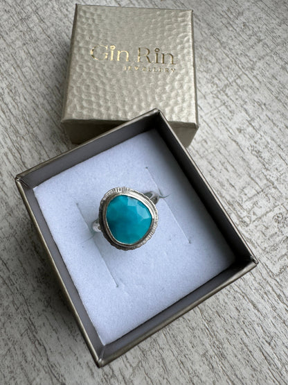 Rose cut Arizona Turquoise ring, natural ombre gemstone ring, sterling silver, December birthstone, 11th wedding anniversary gift