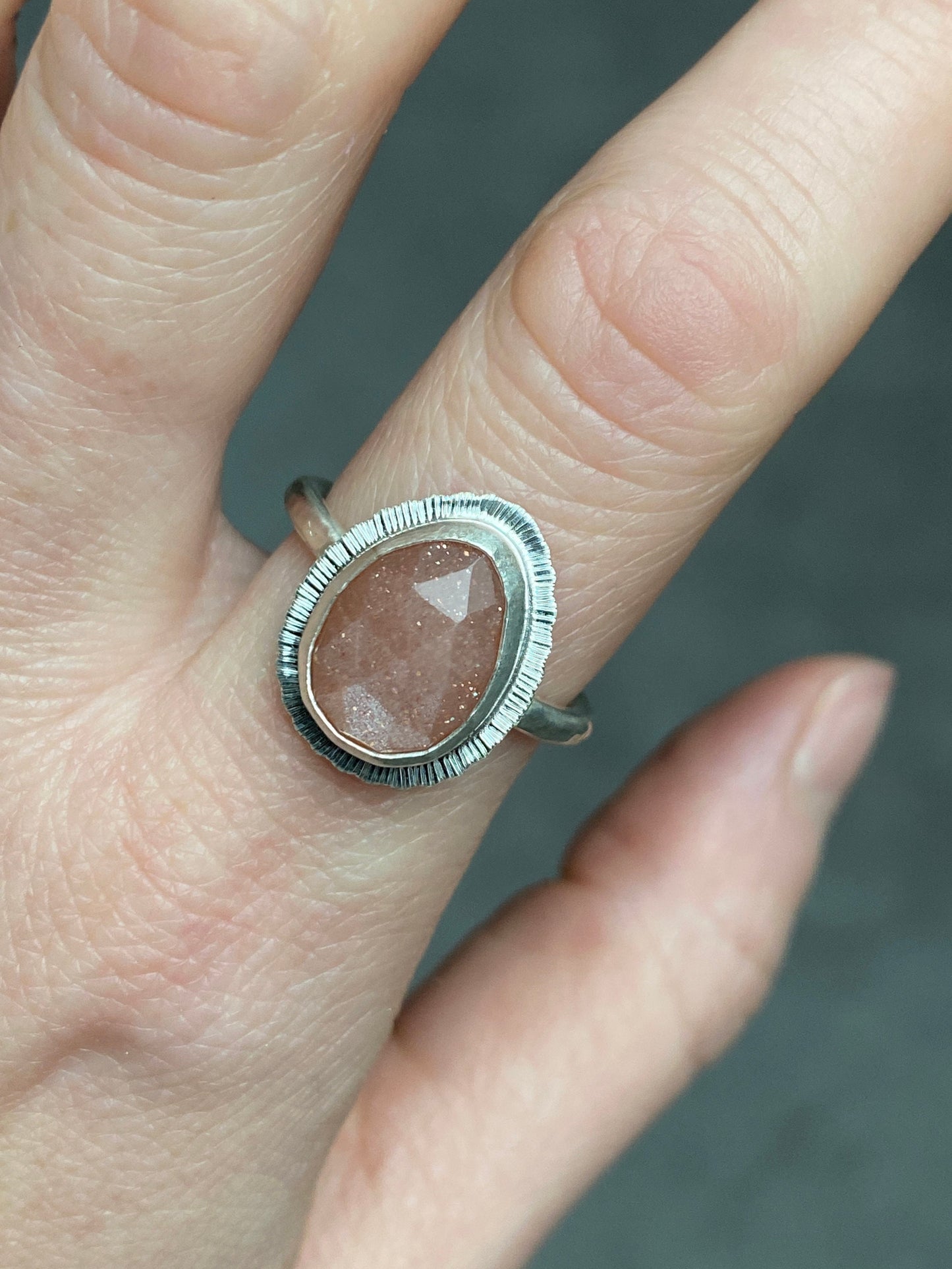 Rose cut Peach Moonstone ring, natural gemstone, bezel set, open back, sterling silver, June birthstone, unique gift, unusual jewellery