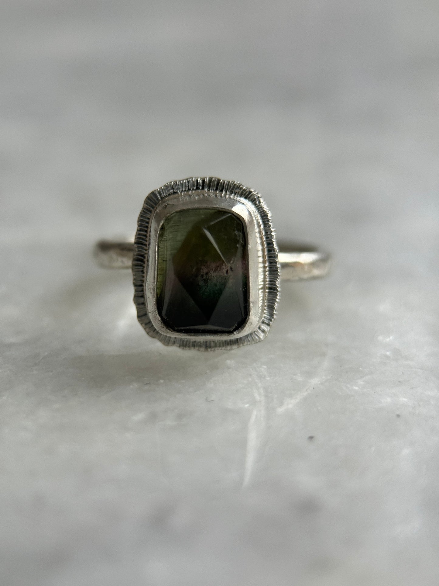 Rose cut tricolour Tourmaline ring, natural gemstone, bezel set, open back, sterling silver, October birthstone, wedding anniversary gift