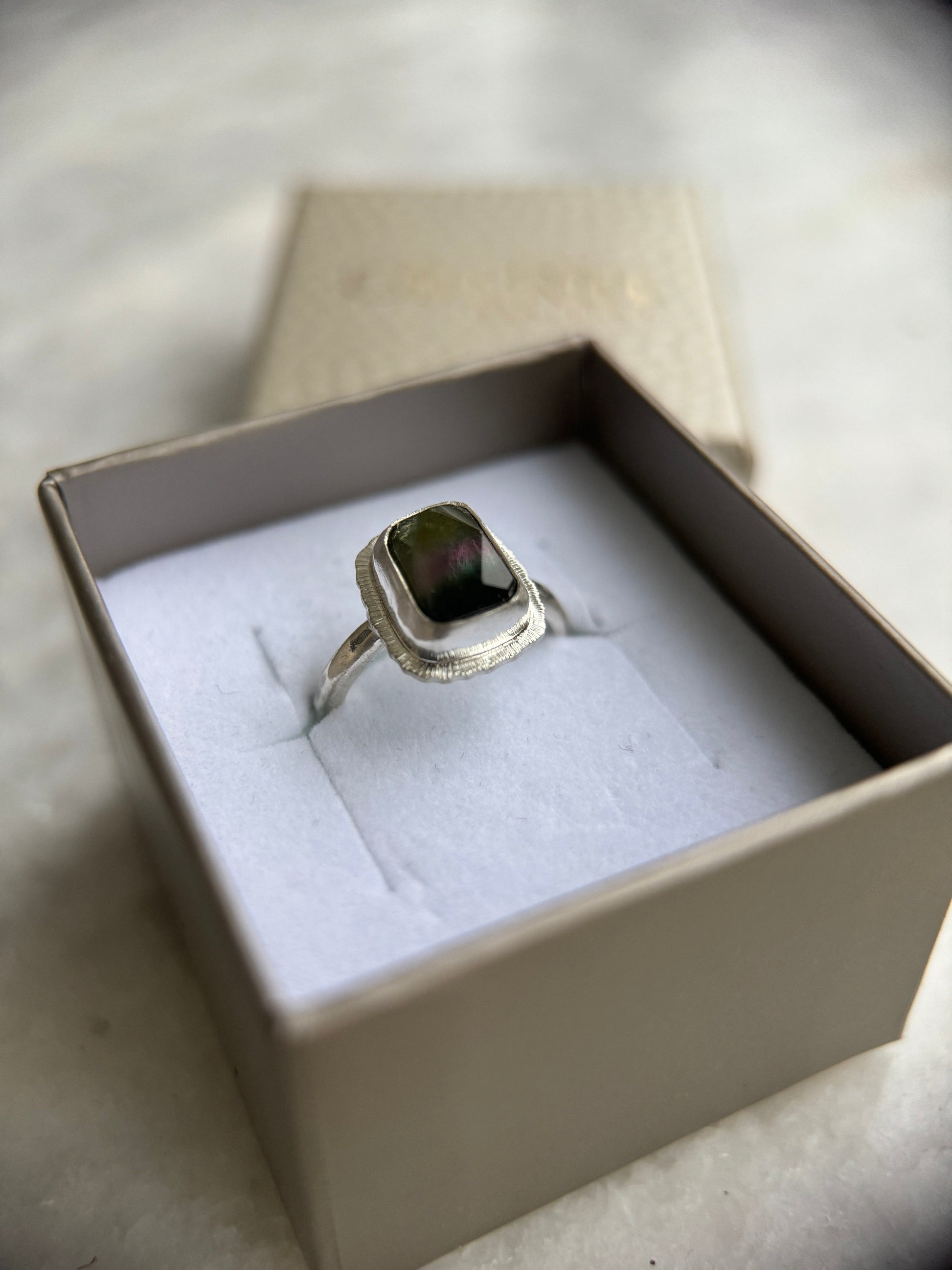 Rose cut tricolour Tourmaline ring, natural gemstone, bezel set, open back, sterling silver, October birthstone, wedding anniversary gift