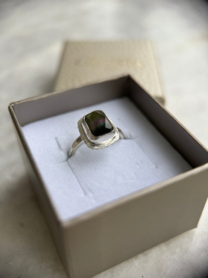 Rose cut tricolour Tourmaline ring, natural gemstone, bezel set, open back, sterling silver, October birthstone, wedding anniversary gift