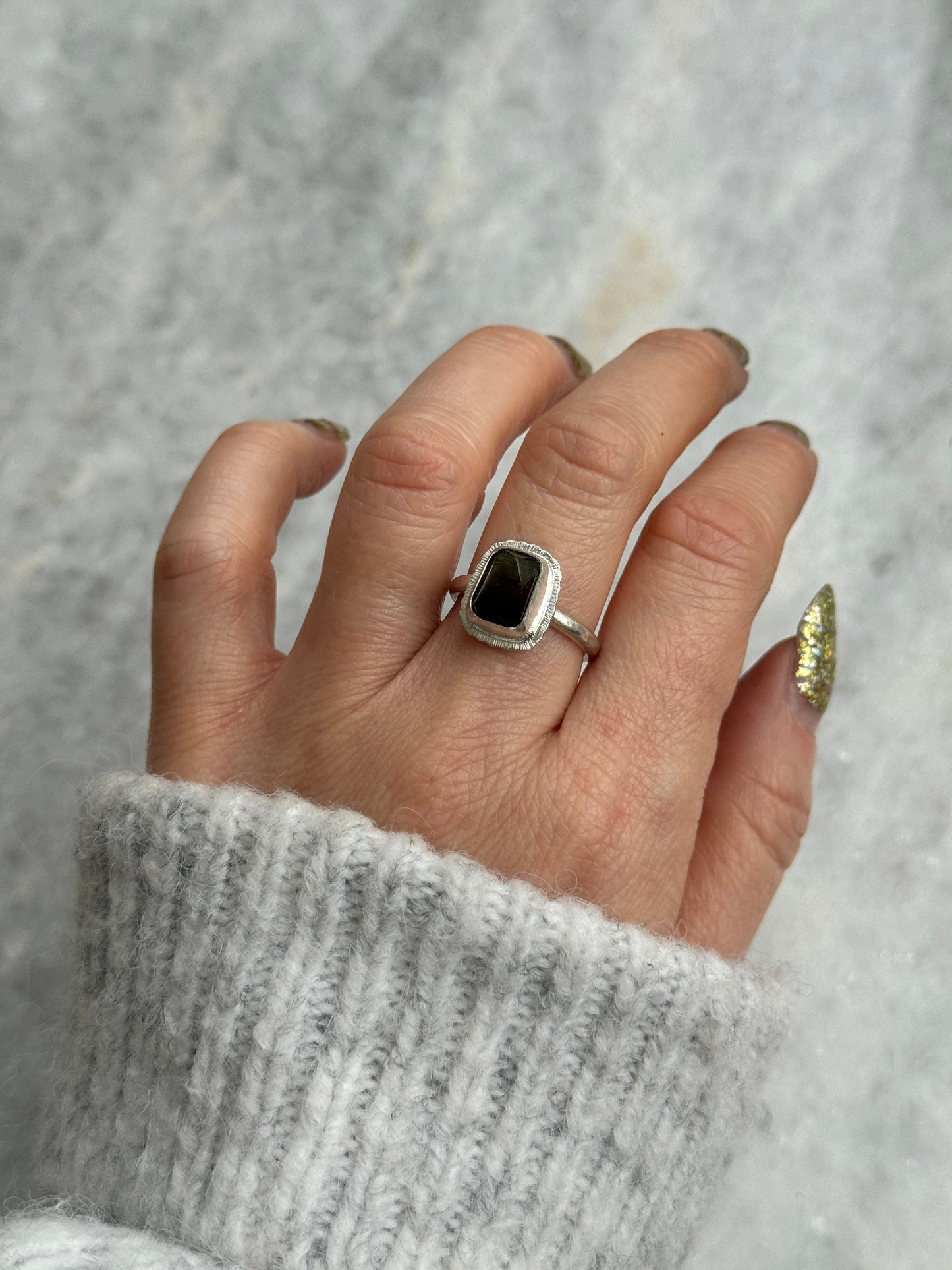 Rose cut tricolour Tourmaline ring, natural gemstone, bezel set, open back, sterling silver, October birthstone, wedding anniversary gift