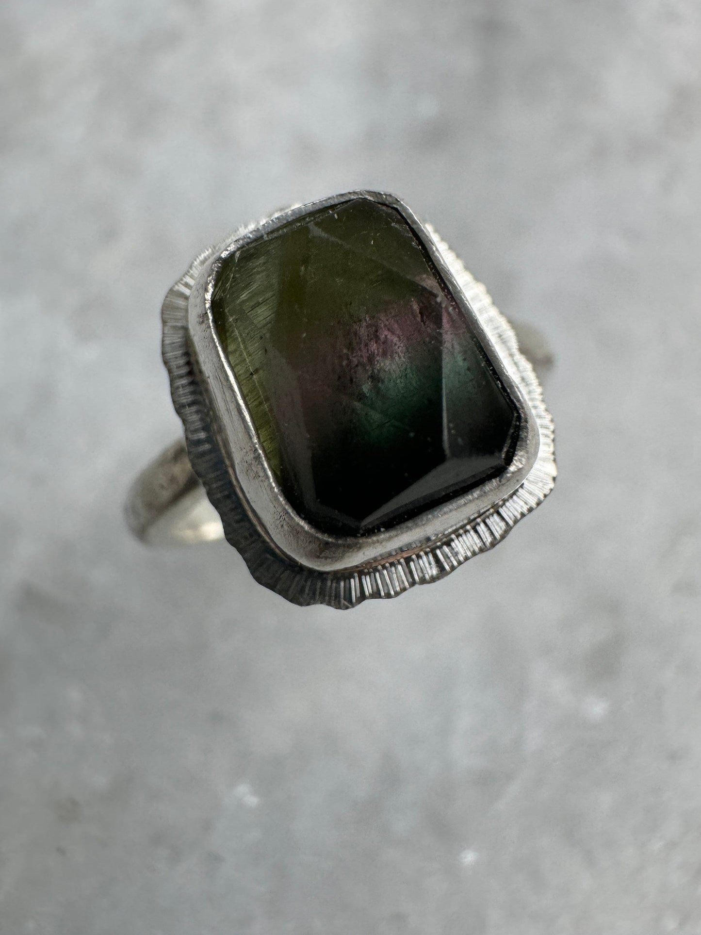 Rose cut tricolour Tourmaline ring, natural gemstone, bezel set, open back, sterling silver, October birthstone, wedding anniversary gift