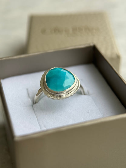 Rose cut Arizona Turquoise ring, natural ombre gemstone ring, sterling silver, December birthstone, 11th wedding anniversary gift