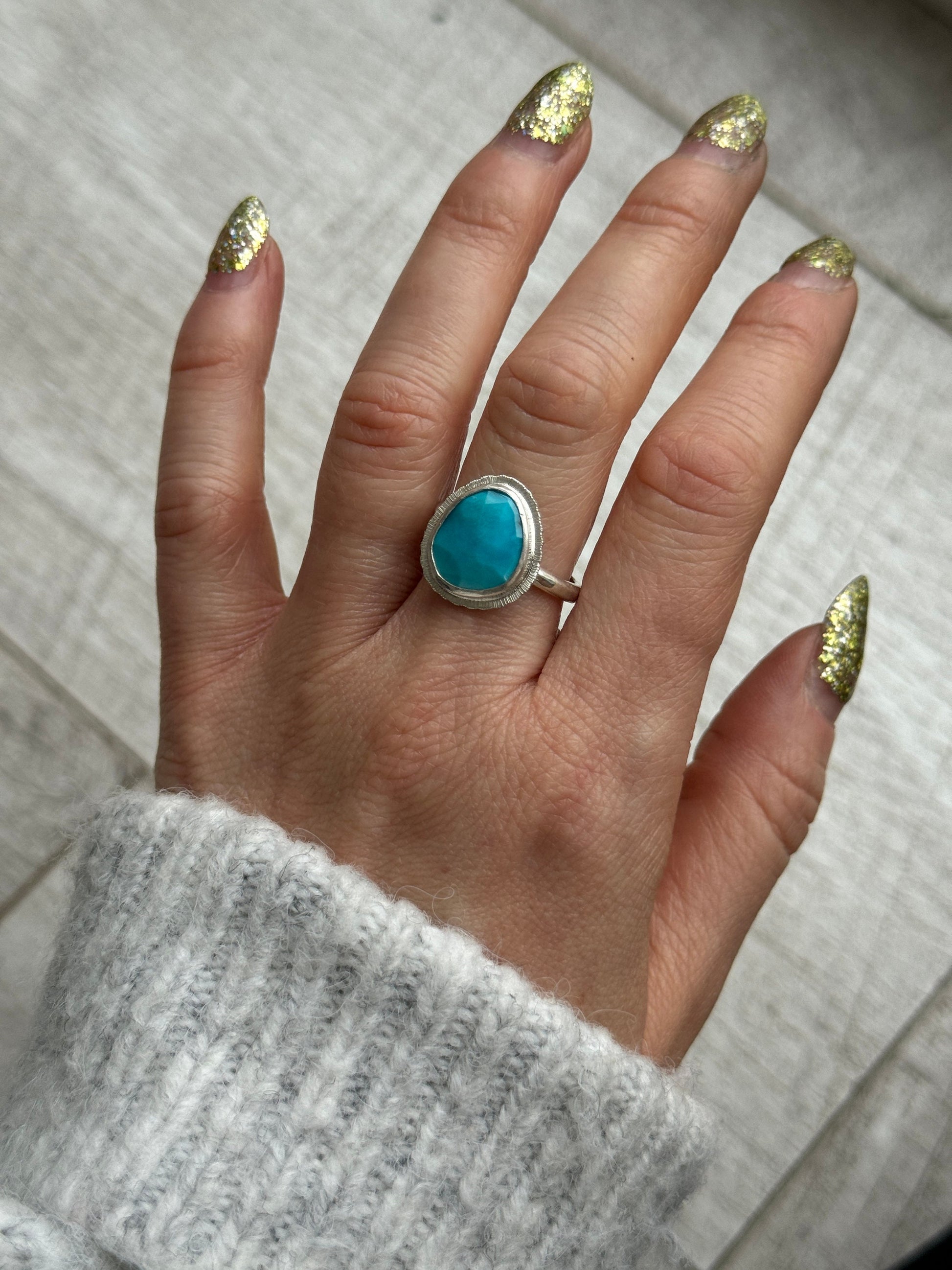 Rose cut Arizona Turquoise ring, natural ombre gemstone ring, sterling silver, December birthstone, 11th wedding anniversary gift