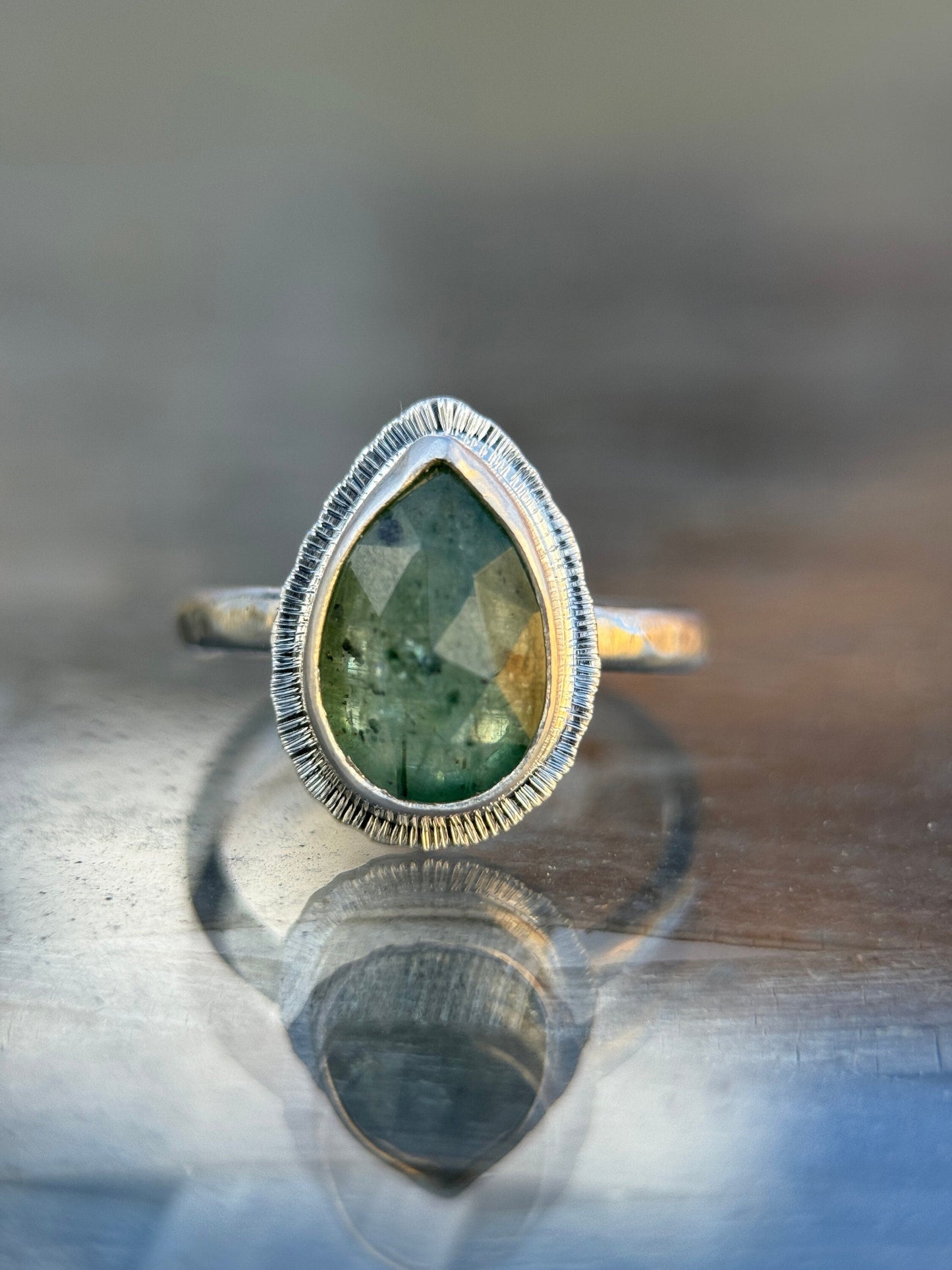 Rose cut Green Kyanite ring, natural emerald colour teardrop gemstone, open back, bezel set, sterling silver, calming crystal jewellery