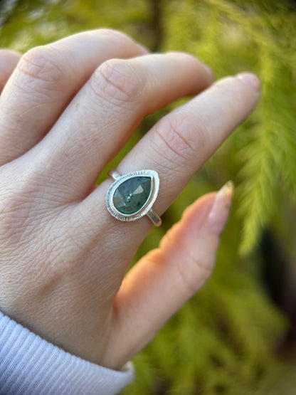 Rose cut Green Kyanite ring, natural emerald colour teardrop gemstone, open back, bezel set, sterling silver, calming crystal jewellery